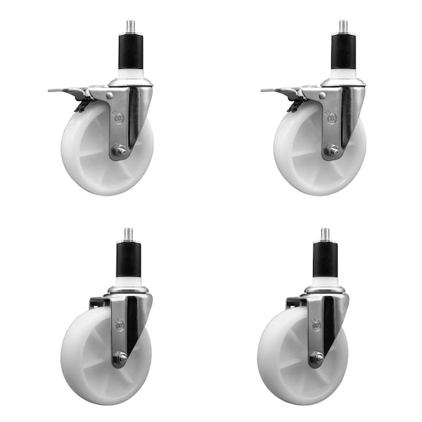 5'' Nylon Swivel 1-1/2'' Expanding Stem Caster Set 2 Total Lock Brakes, 4PK